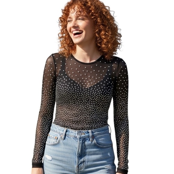 Ever B Tops - Ever B Large Sheer Black Bodysuit Silver Studded Detail Festival Edgy Glam